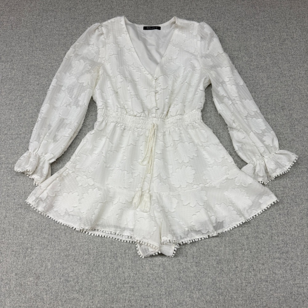 Simplee Textured Floral Romper Size M White Boho V-Neck Tassel Pom Pom Trim Lon